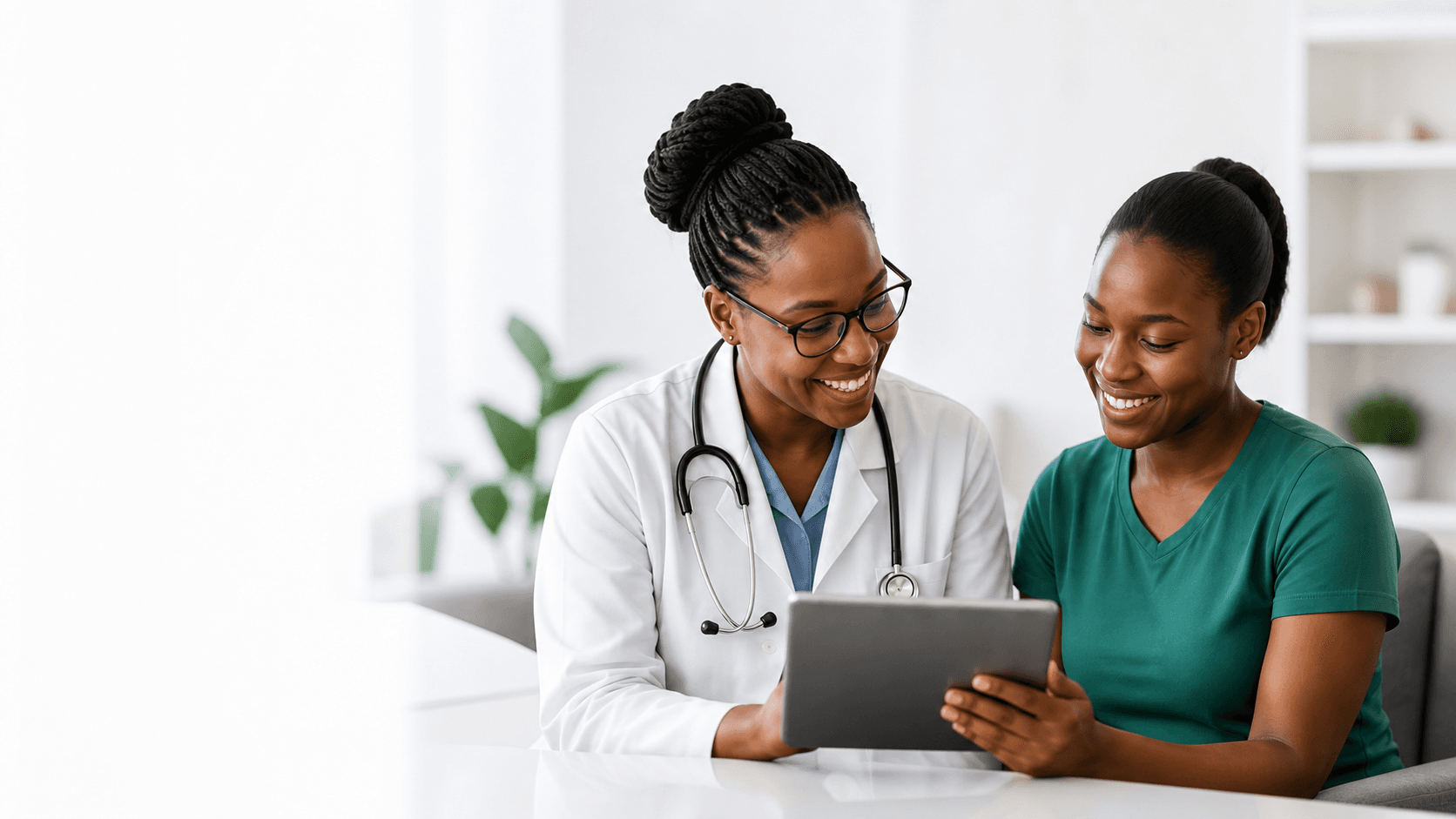 Doctor helping a patient review health information on a tablet